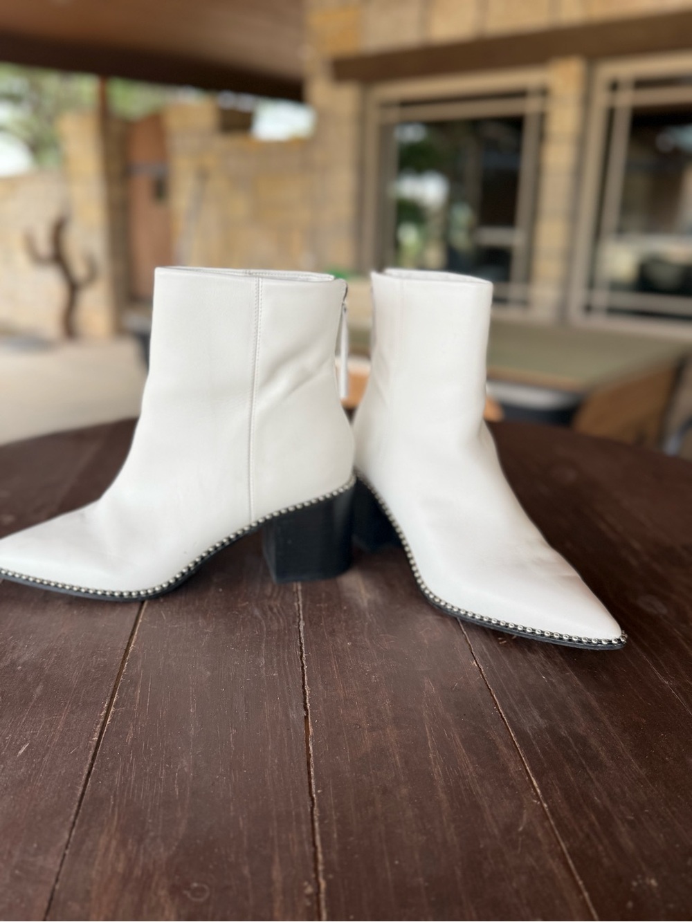 Steve Madden White Pointed Ankle Boots with Stud Trim